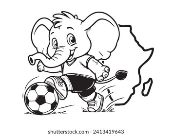 Caricatura de una mascota elefante jugando fútbol, símbolo de Costa de Marfil, arte vectorial en el continente africano, dibujo cómico