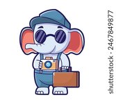 Elephant mascot logo, cute, small elephant with a tiny suitcase and a camera hanging around its neck. The elephant can be wearing a sunhat and sunglasses.