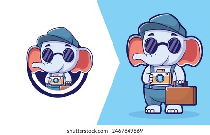 Elephant mascot logo, cute, small elephant with a tiny suitcase and a camera hanging around its neck. The elephant can be wearing a sunhat and sunglasses.