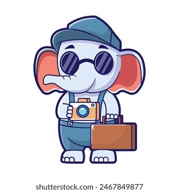 Elephant mascot logo, cute, small elephant with a tiny suitcase and a camera hanging around its neck. The elephant can be wearing a sunhat and sunglasses.
