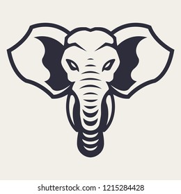 Elephant mascot vector art. Frontal symmetric image of elephant looking dangerous. Vector monochrome icon.