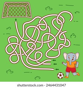 A elephant maze football game. Score a goal. A game for children to develop logic.Maze or labyrinth game.Educational maze game for children.Soccer animal.Elephant playing soccer ball.Soccer maze.