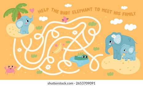 Elephant maze game. Help baby animal find family, kids labyrinth, confusing way home, delicate design, african fauna, page template, cartoon isolated illustration, garish vector concept