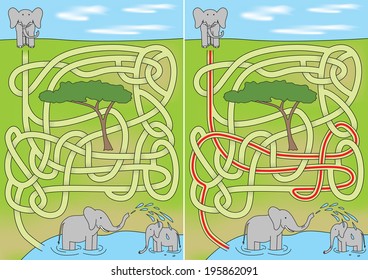 Elephant maze for kids with a solution