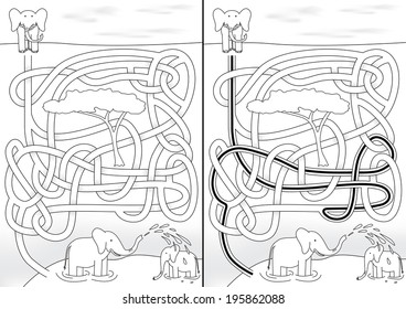 Elephant maze for kids with a solution in black and white