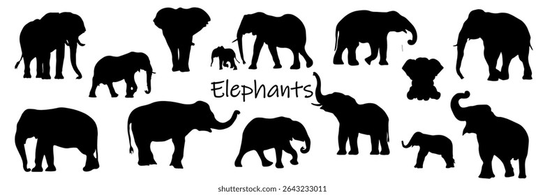  Elefante, design de elefante minimalista, sequência elegante, demonstração de movimento, graça. Silhuetas de elefante preto sobre fundo branco
