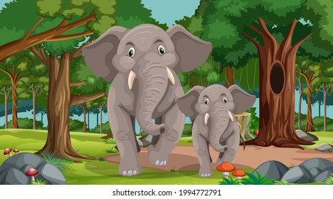 Elephant mom and baby in forest or rainforest scene with many trees illustration