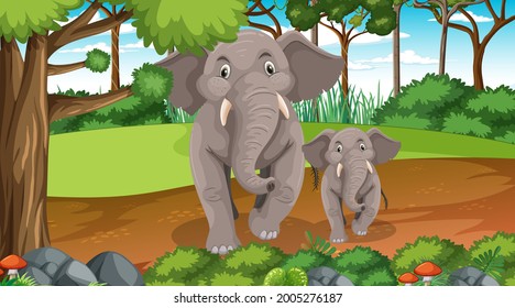 Elephant mom and baby in forest or rainforest scene with many trees illustration