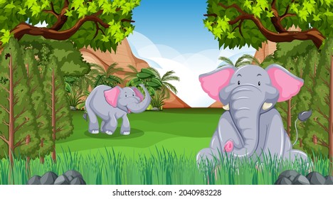 Elephant mom and baby in forest or rainforest scene with many trees illustration