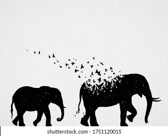 Elephant mom and child silhouettes, flying birds. Endangered animal family. Life and death. Wildlife protection concept. Metaphor black and white art poster. Vector illustration for prints, t-shirts