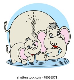 Elephant mom with elephant child. Vector illustration for children. Separate layers for the black lines and colors.