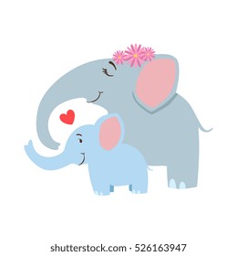 Elephant Mom With Frower Wreath Animal Parent And Its Baby Parenthood Themed Colorful Illustration With Cartoon Fauna Characters