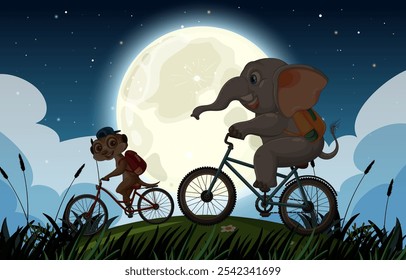 Bicicleta de elefante e macaco sob lua cheia