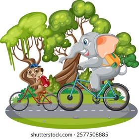 Elephant and monkey enjoy a fun bike ride