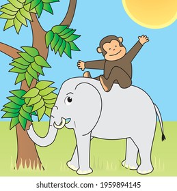 Elephant and monkey, funny vector illustration
