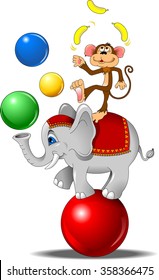 elefante y mono haciendo malabares con la pelota en el circo