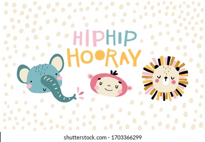 Elephant, monkey and lion. Gip-gip hooray. Cute face of an animal with lettering. Childish Greeting card for nursery in a Scandinavian style. For party. Vector cartoon illustration in pastel colors