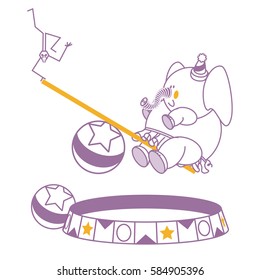 Elephant and Monkey on a make shift teeter toddler and a ball and a circus ring