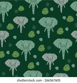 Elephant and Monstera seamless vector pattern