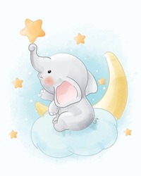 Elephant Moon Clouds And Stars Watercolor Animals Illustration Isolated On White Background, For Cover Book, Print, Baby Shower, Nursery Decorations, Birthday Invitations, Poster, Greeting Card