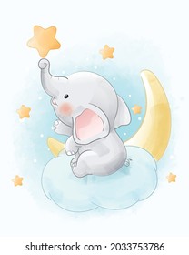 Elephant Moon Clouds and Stars watercolor animals illustration Isolated on white background, for cover book, print, baby shower, nursery decorations, birthday invitations, poster, greeting card