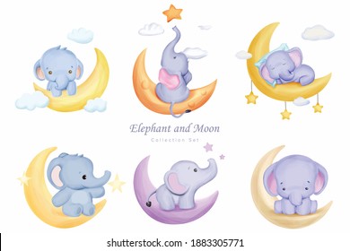 Elephant And Moon Collection Set With Watercolor Illustration
