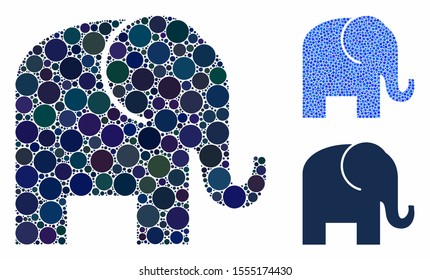Elephant mosaic of small circles in variable sizes and color tinges, based on elephant icon. Vector random circles are composed into blue mosaic. Dotted elephant icon in usual and blue versions.