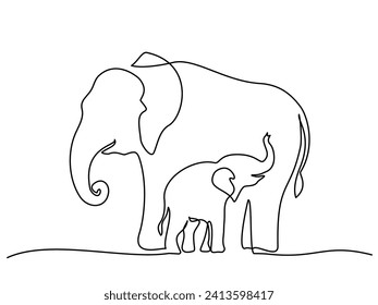 Elephant mother with baby cub. Family love. Mothers day concept. Continuous one line drawing. Vector illustration.