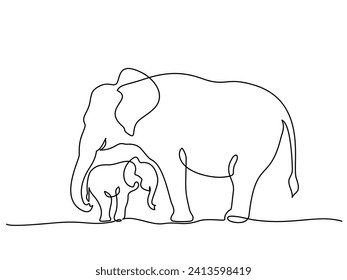 Elephant mother with baby cub. Family love. Mothers day concept. Continuous one line drawing. Vector illustration.