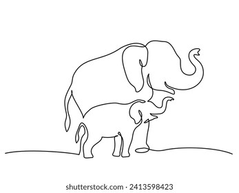 Elephant mother with baby cub. Family love. Mothers day concept. Continuous one line drawing. Vector illustration.