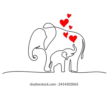 Elephant mother with baby cub with red hearts. Family love concept. Mothers day sign. Continuous one line drawing. Vector illustration.