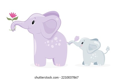 Elephant mother with baby. Parents and children with flowers. Love, support and care, happy family. Poster or banner for website. Toy or mascot for children. Cartoon flat vector illustration