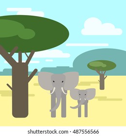 Elephant mother and baby together in the savanna . Animals of Africa. Vector illustration of a flat