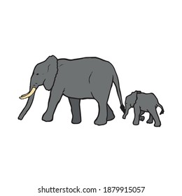 Elephant mother and her child walking and exploring, hand drawn outline colored illustration. Big mammal with kid. Wild animal original pen drawing sketch. Safari wildlife contour decoration image.