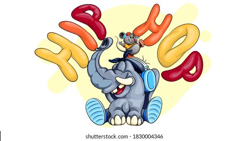 Elephant and mouse dance hip hop. Illustration done in cartoon style