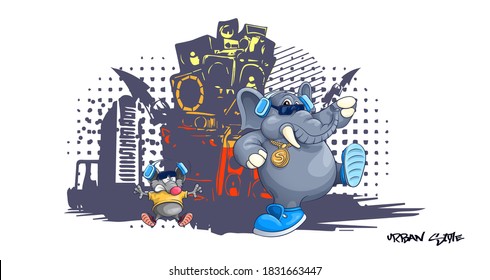 Elephant and mouse dance in the style of the city