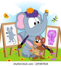 elephant and mouse draw portraits - vector illustration, eps