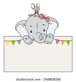  Elephant and mouse holding blank sign, space for text