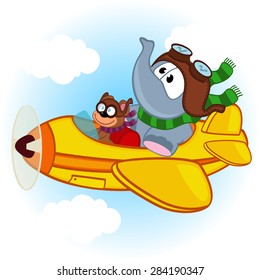 elephant and mouse on the airplane - vector illustration, eps