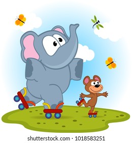 elephant and mouse roller skating - vector illustration, eps