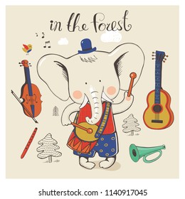 Elephant with musical instruments. cartoon hand drawn vector illustration. Can be used for baby t-shirt print, fashion print design, kids wear, baby shower celebration greeting and invitation card.