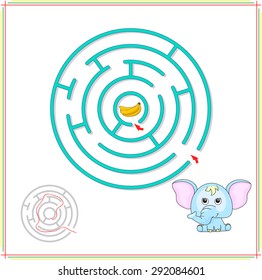 Elephant must go to banana and don't get lost. Game for children: go through the maze and find the right answer. Vector illustration