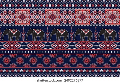 Elephant native Thai style on fabric pattern traditional Design for clothing, wallpaper, background, fabric, Vector illustration