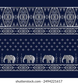 Elephant native Thai style on fabric pattern traditional Design for clothing, wallpaper, background, fabric, Vector illustration