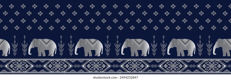 Elefante nativo estilo tailandés en patrón de tela tradicional Diseño para la ropa, Fondo de pantalla, fondo, tela, Ilustración vectorial