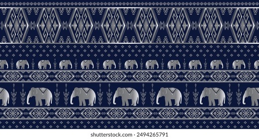 Elephant native Thai style on fabric pattern traditional Design for clothing, wallpaper, background, fabric, Vector illustration