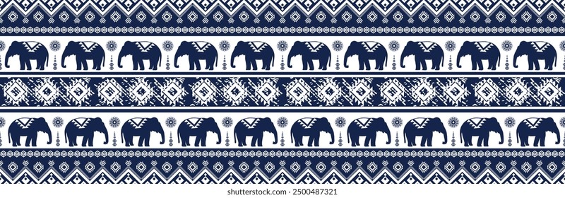 Elephant native Thai style on fabric pattern traditional Design for clothing, wallpaper, background, fabric, Vector illustration