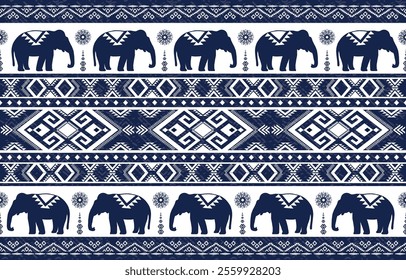 Elephant native Thai style on fabric pattern traditional Design for clothing, wallpaper, background, fabric, Vector illustration