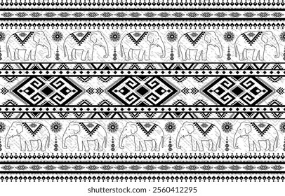 Elephant native Thai style on fabric pattern traditional Design for clothing, wallpaper, background, fabric, Vector illustration