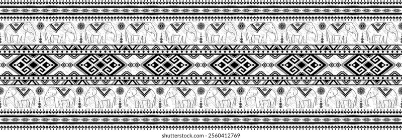 Elephant native Thai style on fabric pattern traditional Design for clothing, wallpaper, background, fabric, Vector illustration